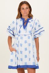 White/ Blue Floral Short Puff Sleeve Front Tie Maternity Dress