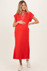 Red Striped Collared Side Slit Maternity Midi Dress