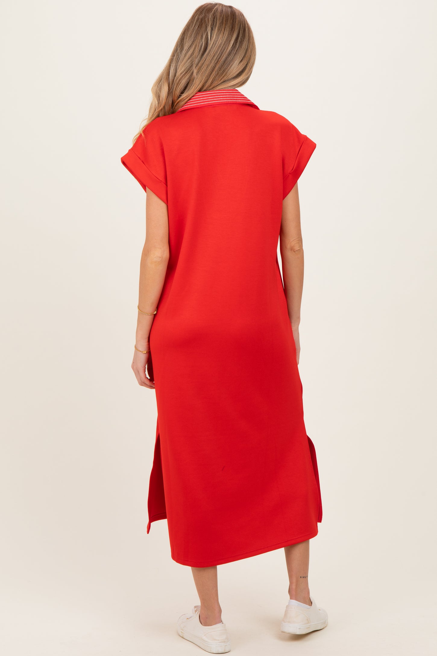 Red Striped Collared Side Slit Maternity Midi Dress