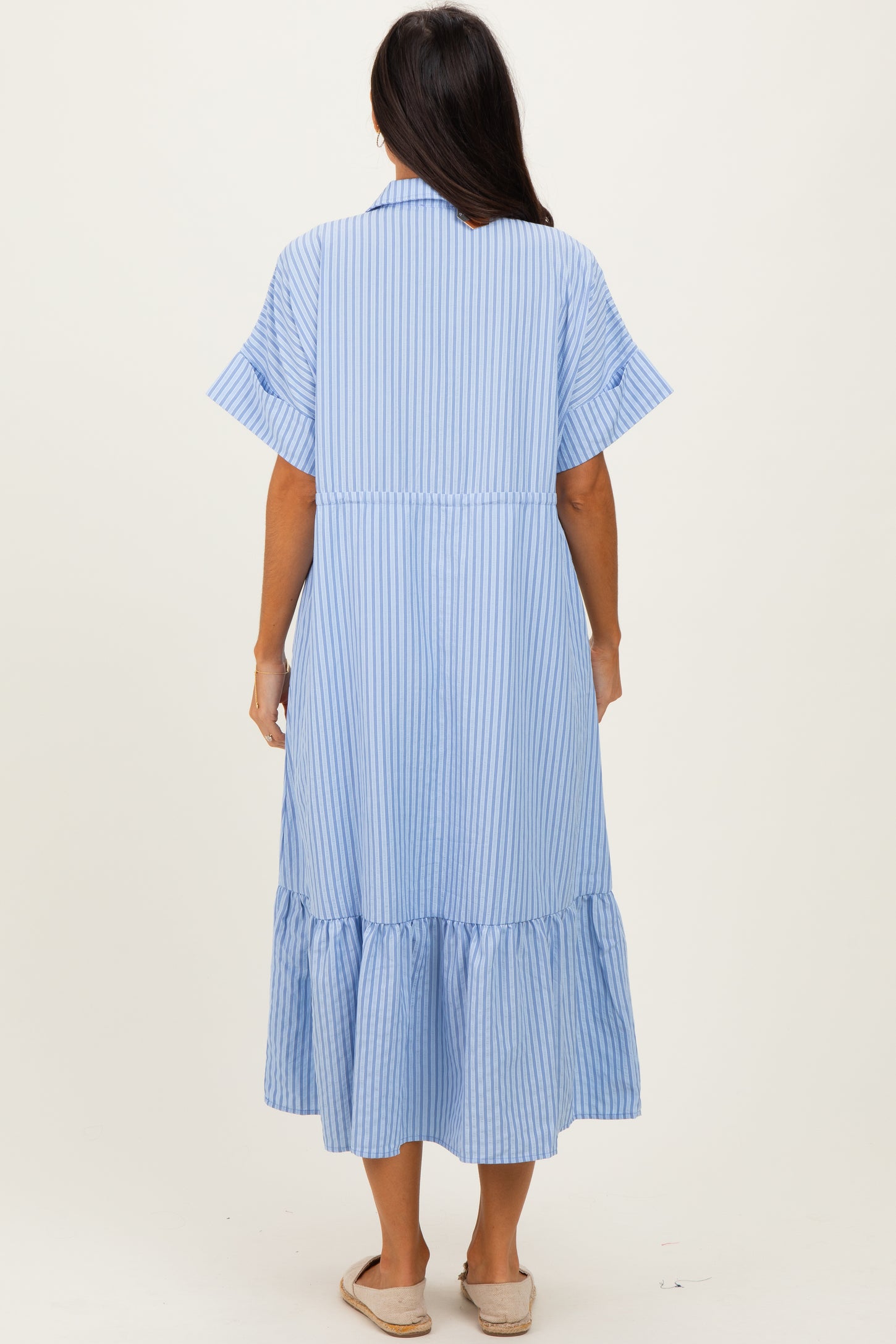Light Blue Striped Button Collared Midi Dress