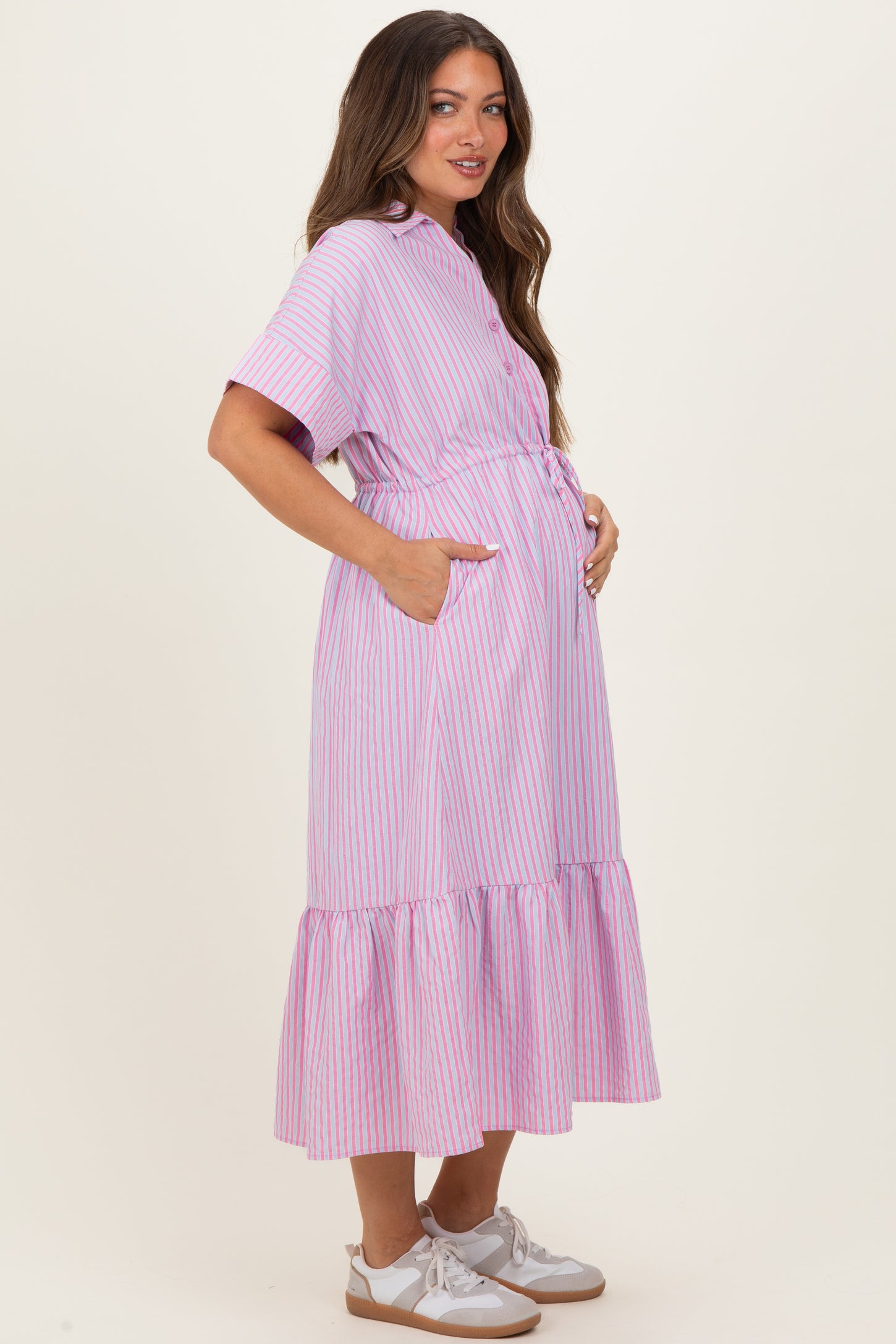 Pink Striped Button Collared Maternity Midi Dress