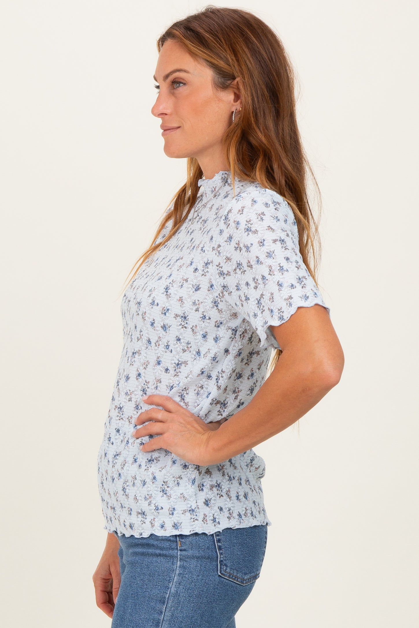 Blue Floral Ruffle Trim Short Sleeve Top