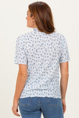 Blue Floral Ruffle Trim Short Sleeve Top