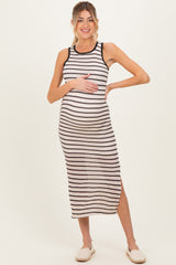 Cream/Mocha Striped Contrast Ribbed Knit Sleeveless Maternity Maxi Dress