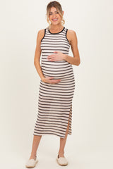 Cream/Mocha Striped Contrast Ribbed Knit Sleeveless Maternity Maxi Dress