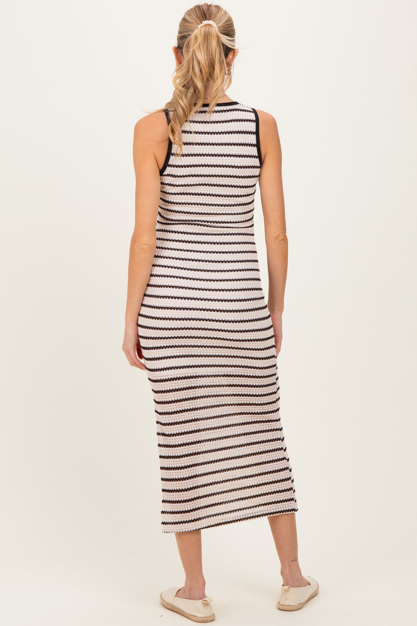 Cream/Mocha Striped Contrast Ribbed Knit Sleeveless Maternity Maxi Dress