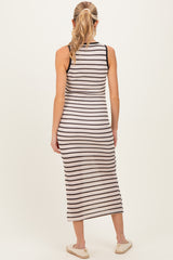 Cream/Mocha Striped Contrast Ribbed Knit Sleeveless Maternity Maxi Dress