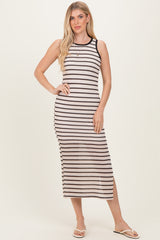 Cream/Mocha Striped Contrast Ribbed Knit Sleeveless Maternity Maxi Dress