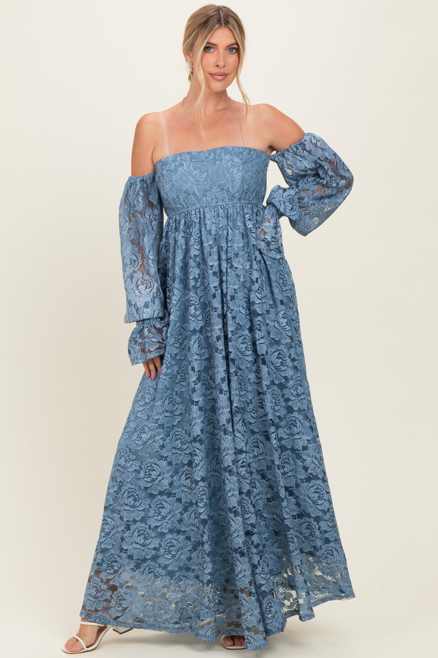 Blue Lace Off Shoulder Long Sleeve Maxi Dress