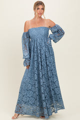 Blue Lace Off Shoulder Long Sleeve Maxi Dress
