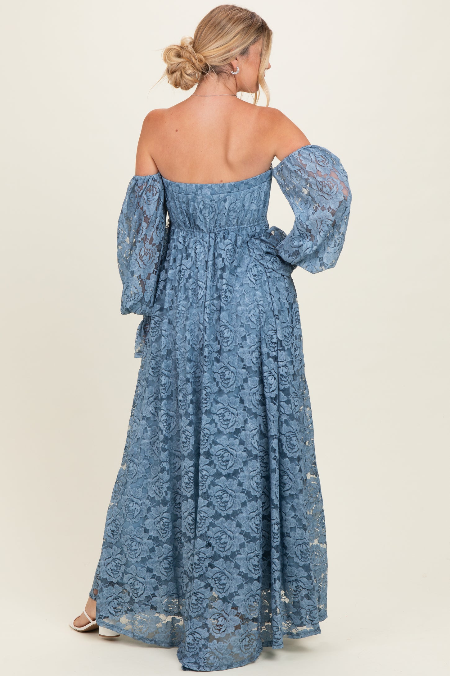 Blue Lace Off Shoulder Long Sleeve Maxi Dress