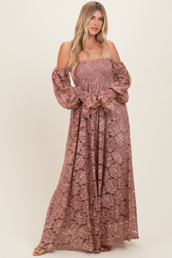 Mauve Lace Off Shoulder Long Sleeve Maternity Maxi Dress