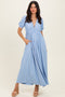 Blue Ribbed Puff Sleeve V-Neck Empire Waist Maxi Dress