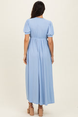 Blue Ribbed Puff Sleeve V-Neck Empire Waist Maxi Dress