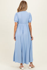 Blue Ribbed Puff Sleeve V-Neck Empire Waist Maternity Maxi Dress