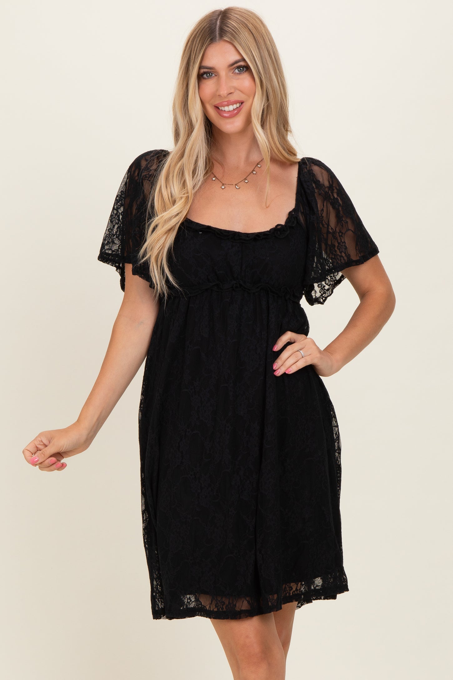 Black Floral Lace Square Neck Ruffle Trim Maxi Dress