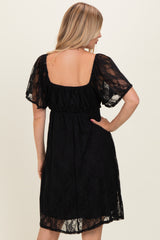 Black Floral Lace Square Neck Ruffle Trim Maxi Dress