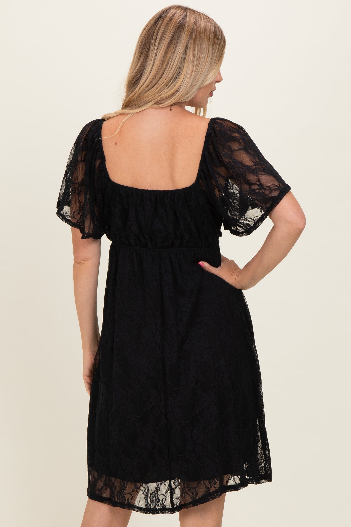 Black Floral Lace Square Neck Ruffle Trim Maxi Dress