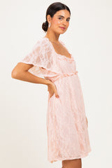 Peach Floral Lace Square Neck Ruffle Trim Maxi Dress
