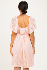 Peach Floral Lace Square Neck Ruffle Trim Maxi Dress