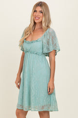 Sage Floral Lace Square Neck Ruffle Trim Maxi Dress