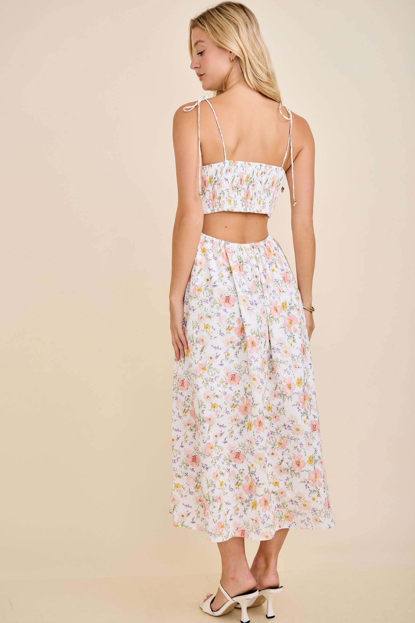 White Floral Shoulder Tie Cutout Midi Dress