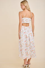 White Floral Shoulder Tie Cutout Midi Dress