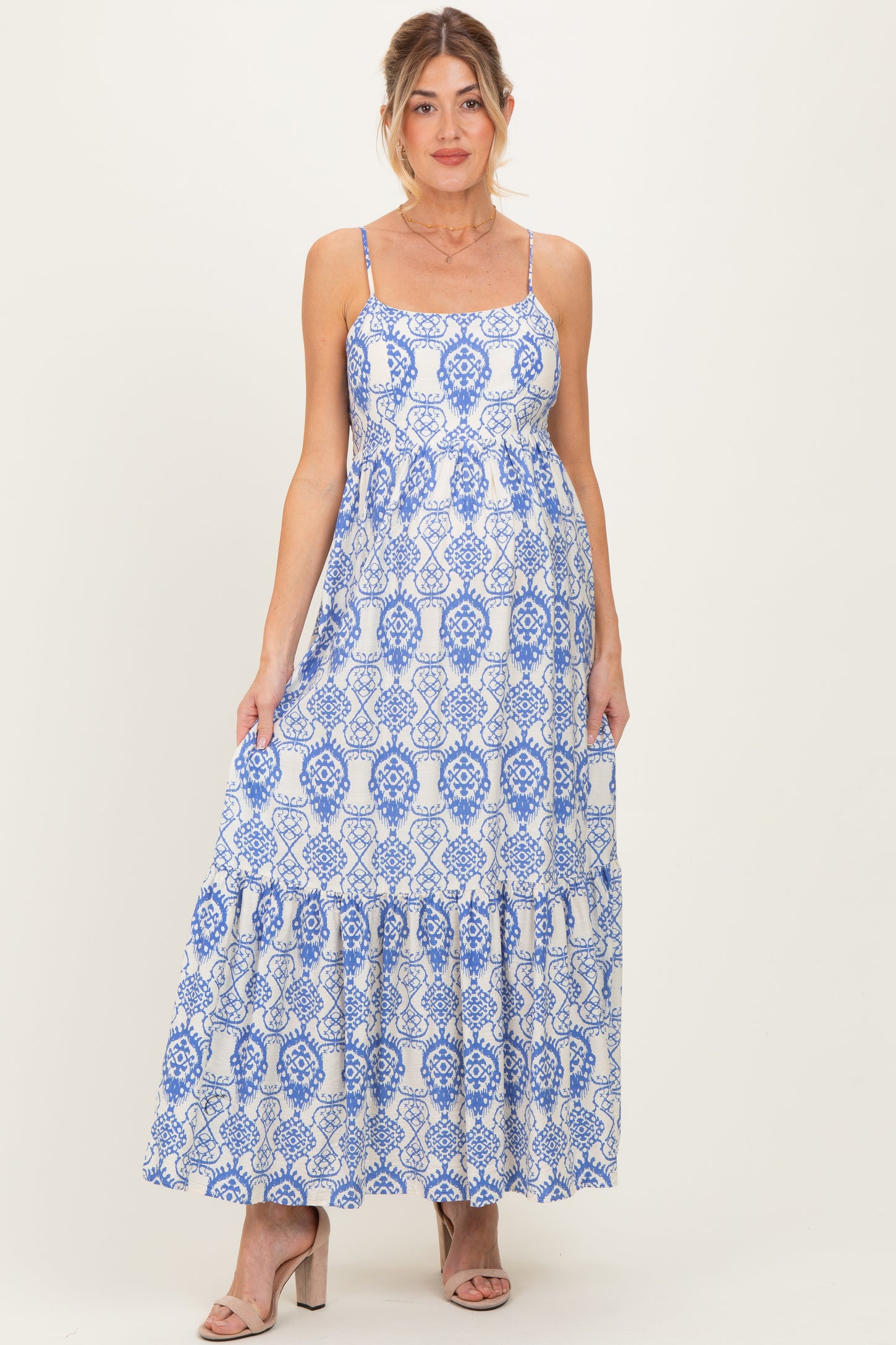 Blue Printed Cutout Tie Back Maternity Maxi Dress