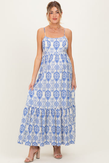 Blue Printed Cutout Tie Back Maternity Maxi Dress