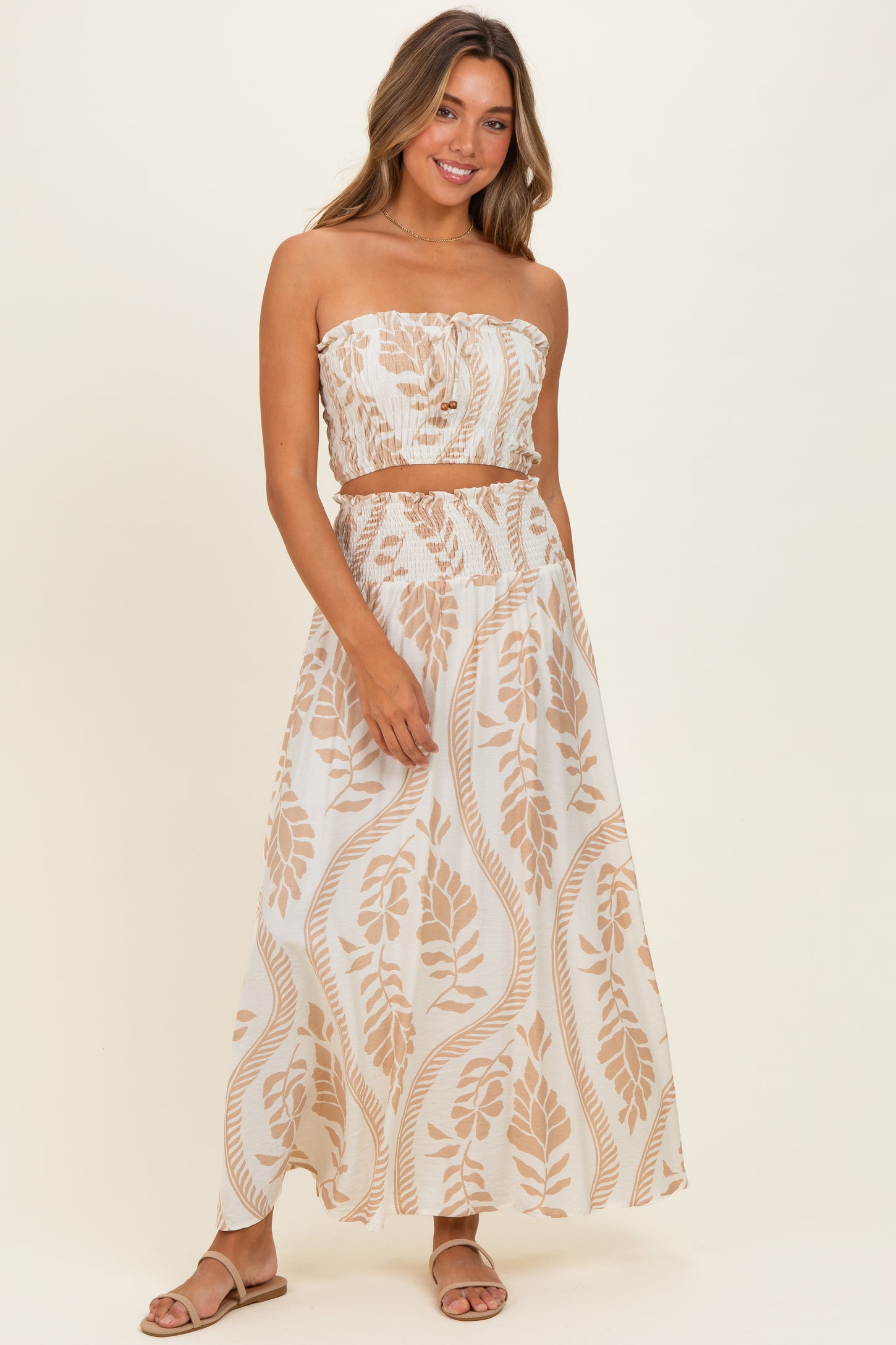 Beige Leaf Print Smocked Crop Top Maxi Skirt Maternity Set