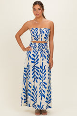 Royal Blue Leaf Print Smocked Crop Top Maxi Skirt Maternity Set