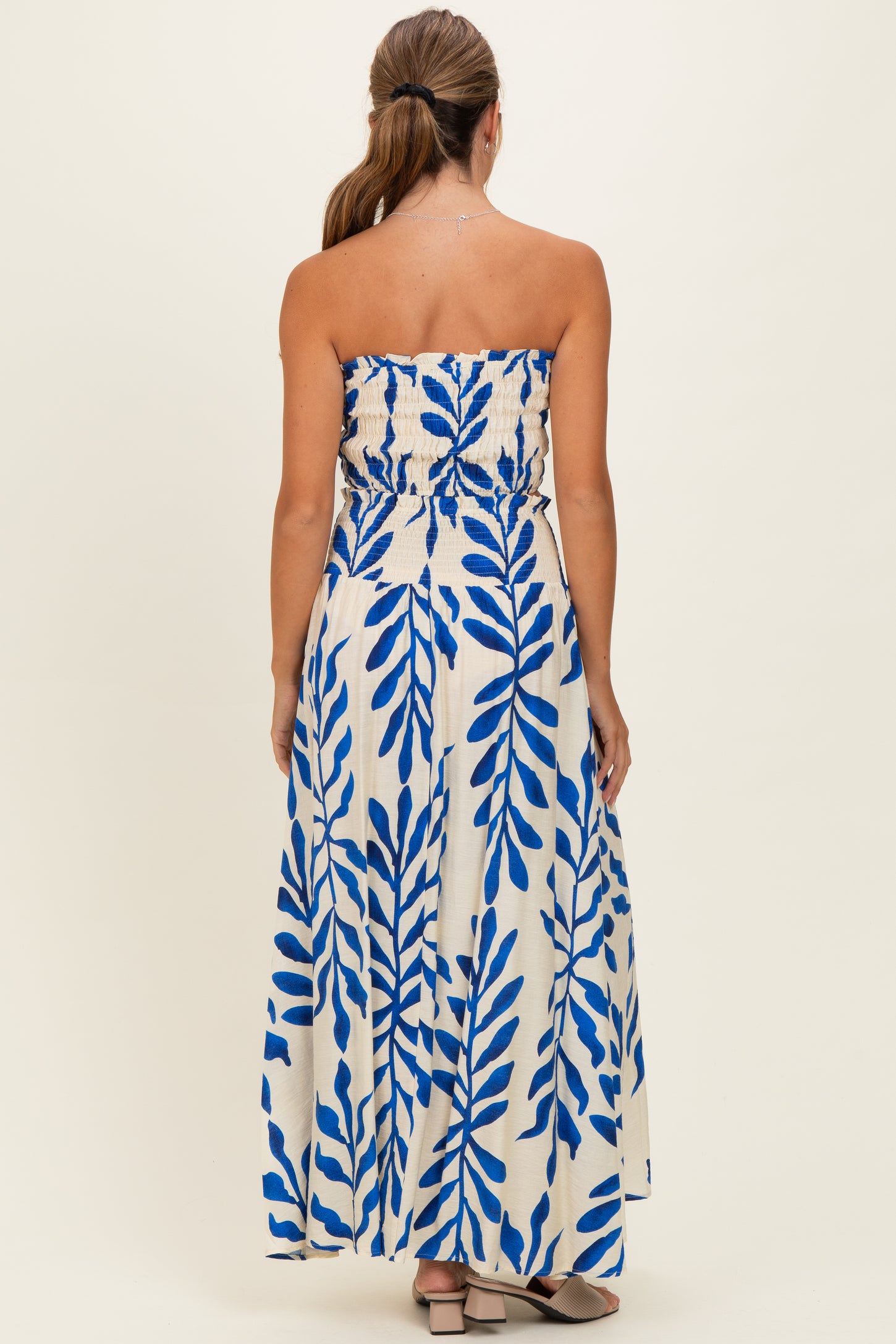 Royal Blue Leaf Print Smocked Crop Top Maxi Skirt Set