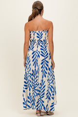 Royal Blue Leaf Print Smocked Crop Top Maxi Skirt Set