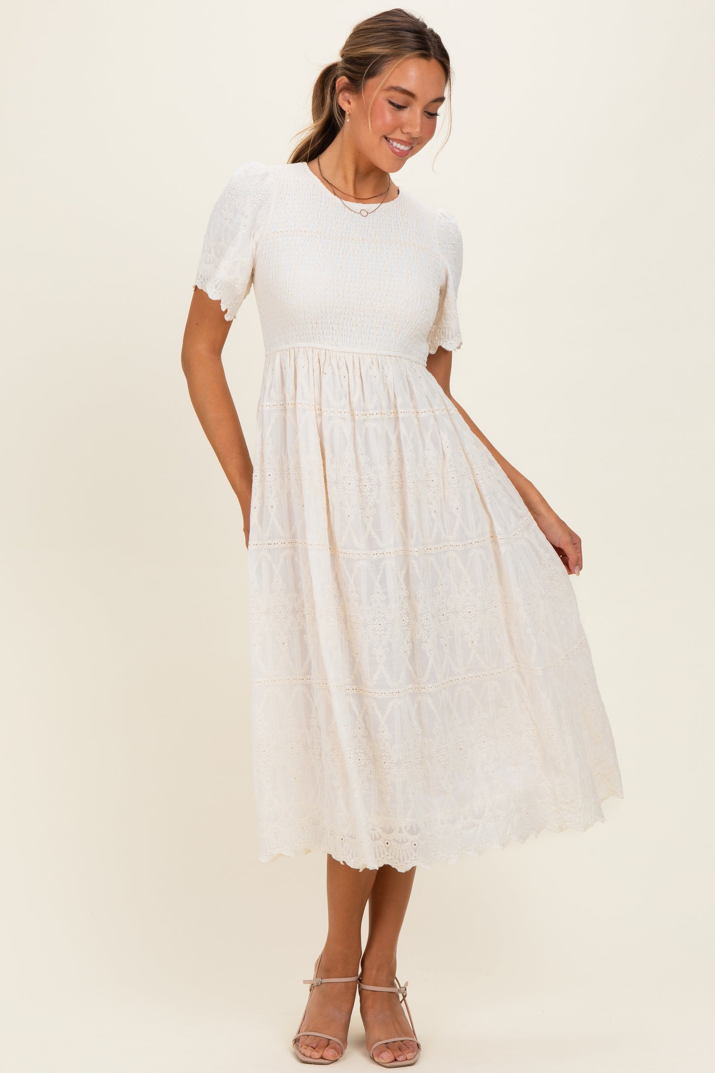 Cream Smocked Embroidered Midi Dress