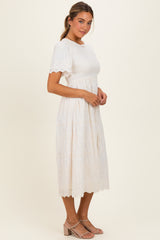 Cream Smocked Embroidered Midi Dress