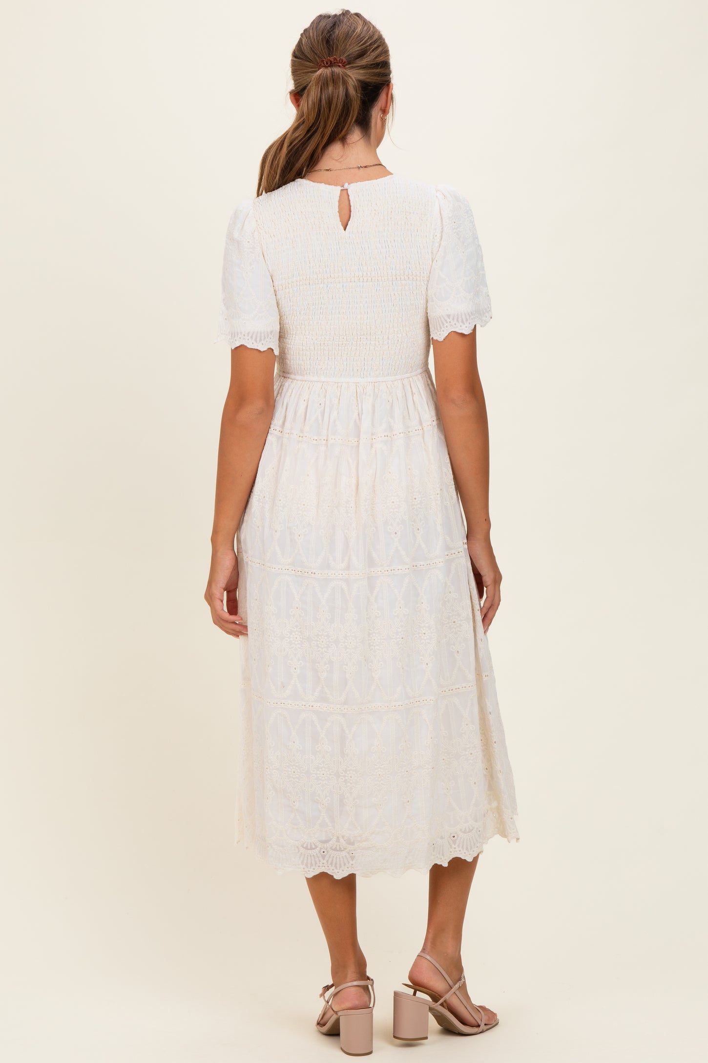 Cream Smocked Embroidered Midi Dress