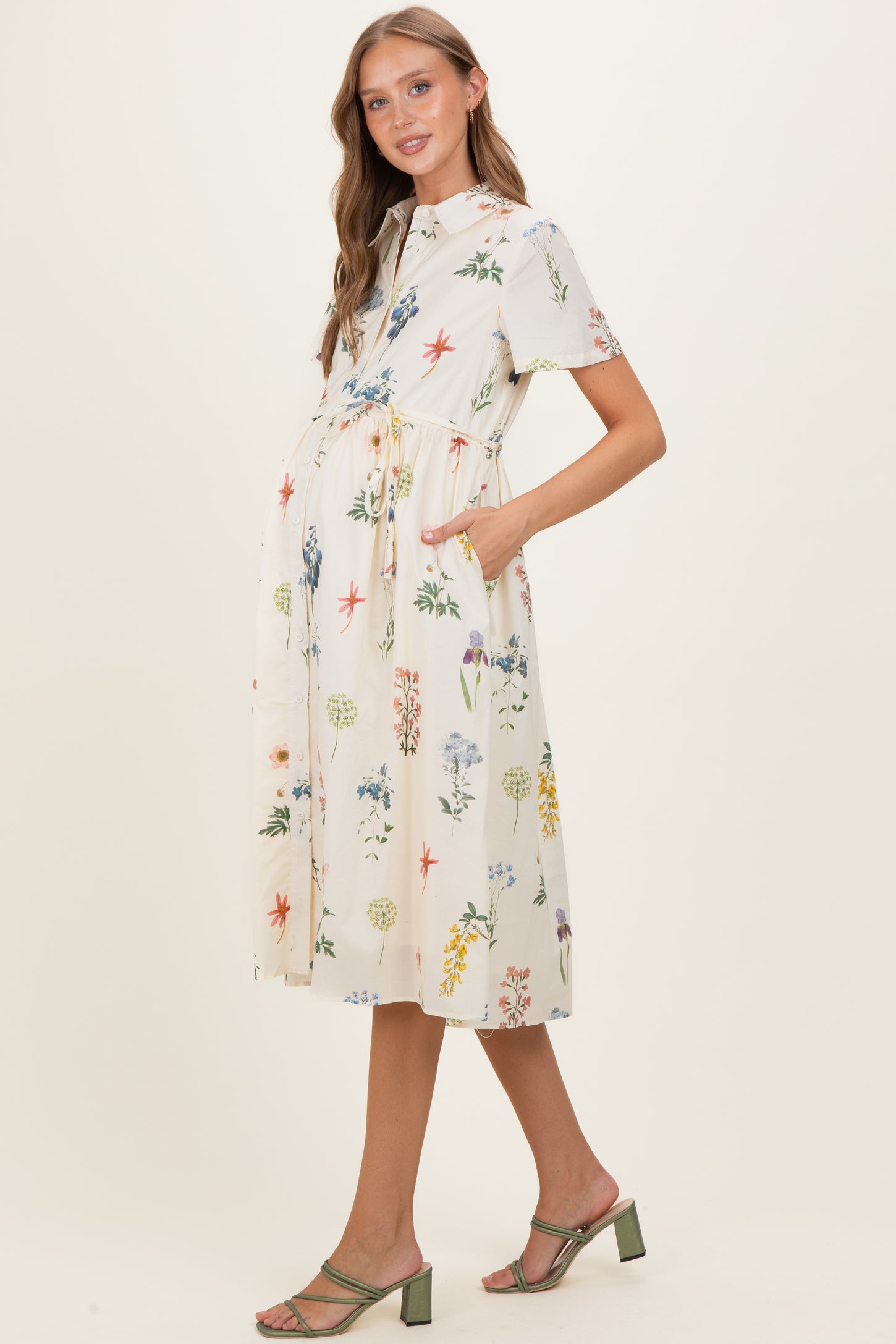 Ivory Floral Button Down Maternity Midi Dress