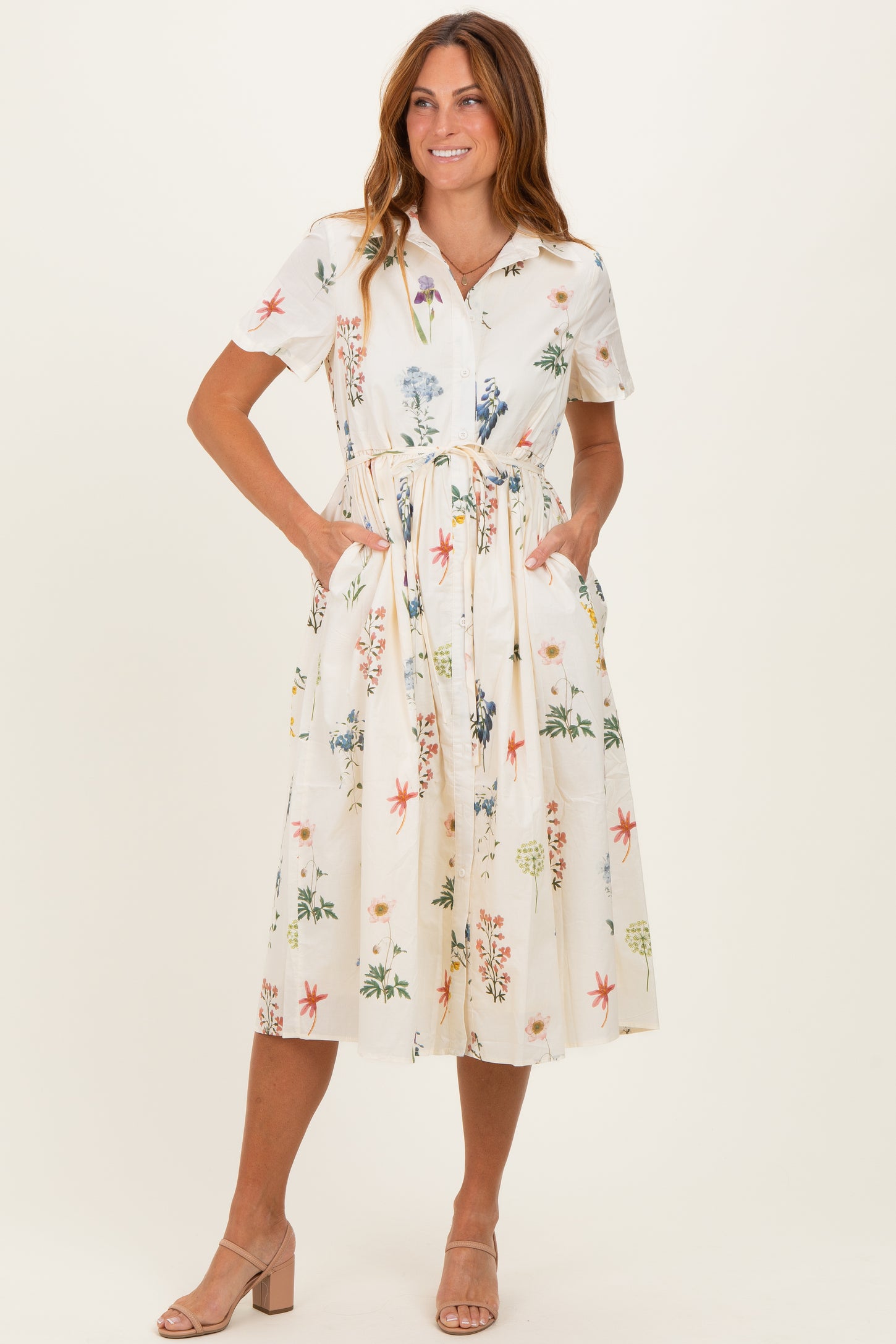 Ivory Floral Button Down Midi Dress