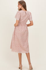 Light Pink Embroidered Floral Maternity Midi Dress