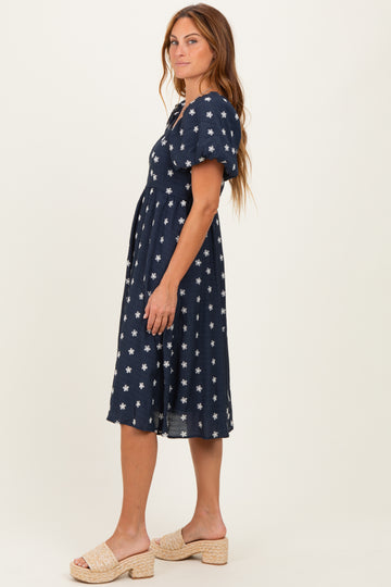 Navy Blue Floral Embroidered Short Sleeve Dress