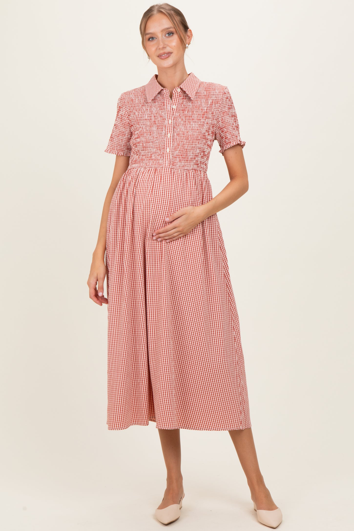 Red Smocked Gingham Collared Maternity Midi Dress