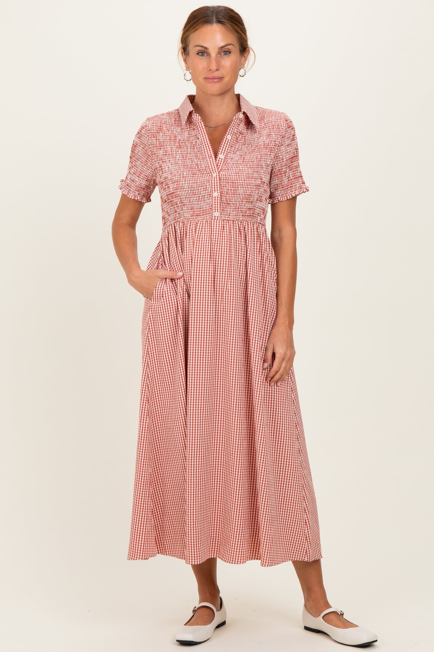 Red Smocked Gingham Collared Maternity Midi Dress