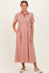 Red Smocked Gingham Collared Maternity Midi Dress