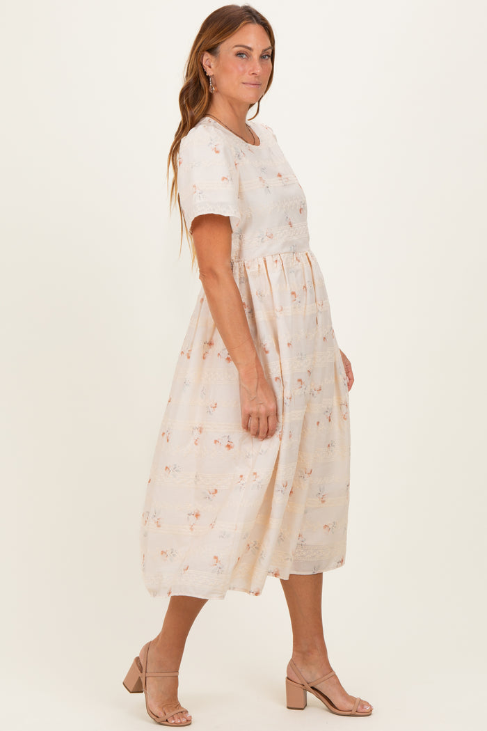 Beige Floral Embroidered Short Sleeve Midi Dress