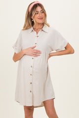 Sand Dolman Sleeve Linen Maternity Shirt Dress