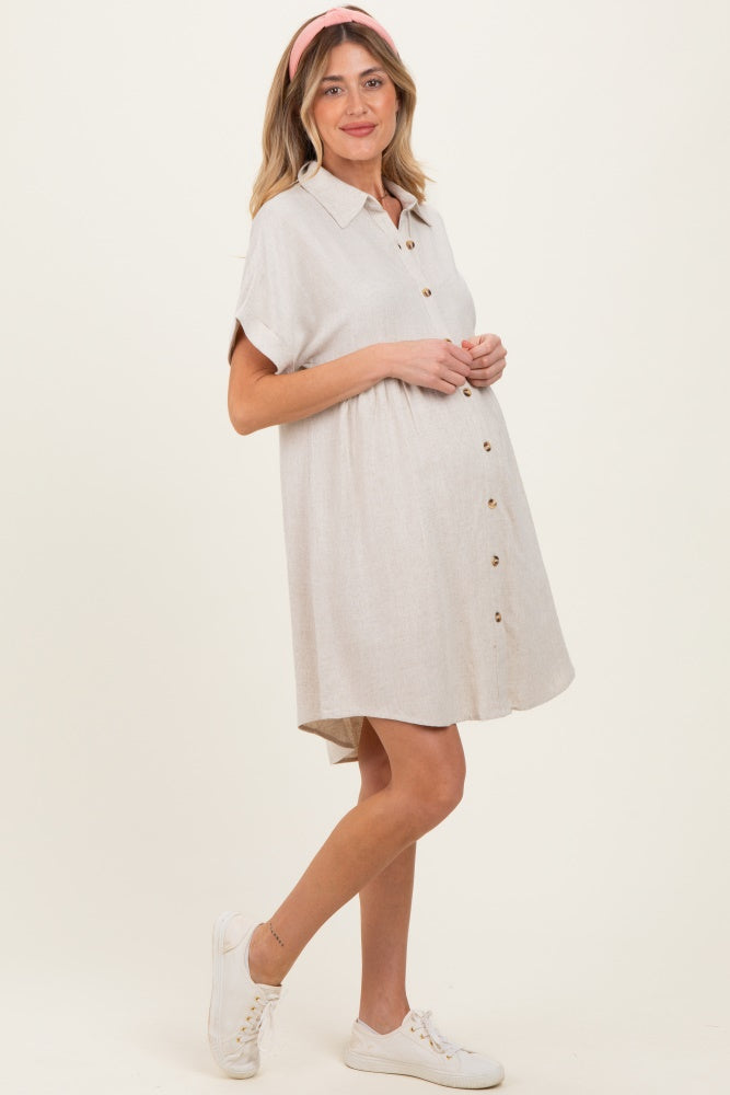 Sand Dolman Sleeve Linen Maternity Shirt Dress