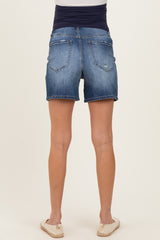 Blue Distressed Maternity Midi Denim Short