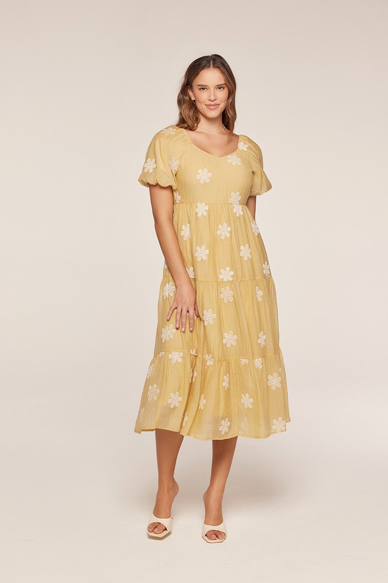 Saffron Yellow Embroidered Floral Tiered Midi Dress