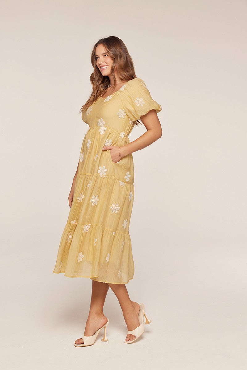 Saffron Yellow Embroidered Floral Tiered Midi Dress