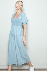Light Blue Chambray Puff Sleeve Wide Leg Jumpsuit